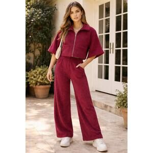 Simone Fan Cropped Zip Up jacket and Plush Terry Pant Set Red Womens Size  S/M